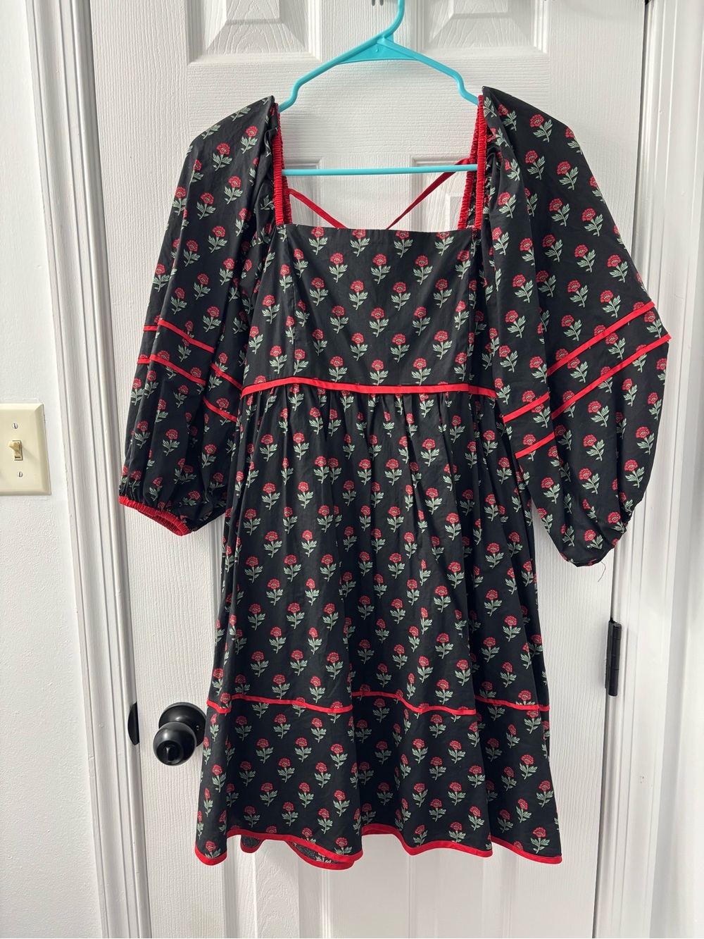 entro Black Floral Rose-Print Long Sleeve Dress with Red Trim